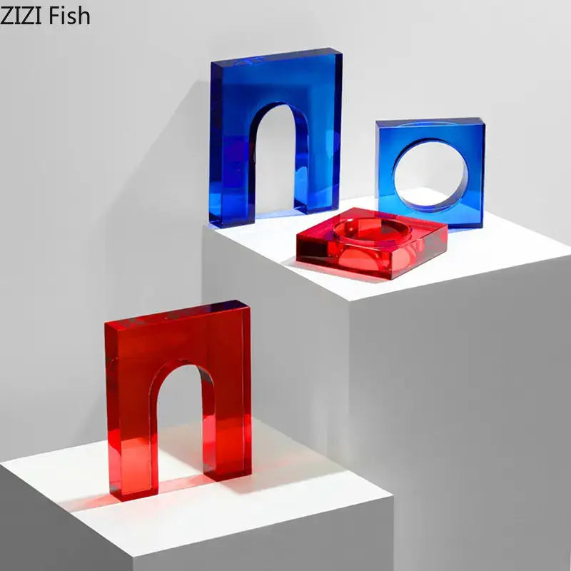 Vibrant red and blue translucent acrylic crystal arch glass sculpture with geometric cut-out arches for living room decor