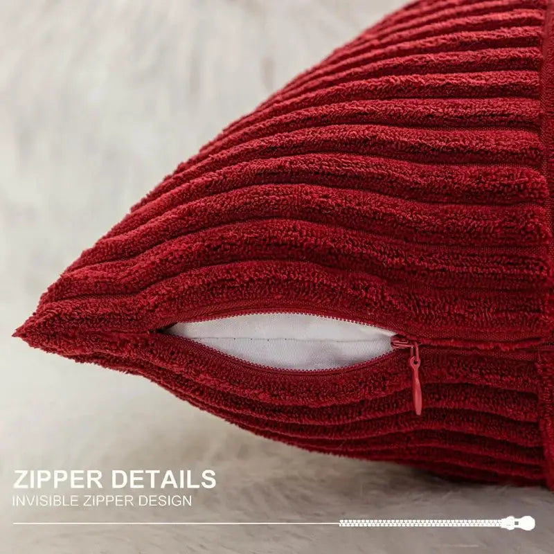 Red corduroy patchwork striped cushion cover set of 2 with subtle ribbed texture and invisible zipper closure for living room decorbites