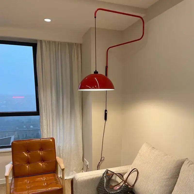 Red dome adjustable pendant light with curved metal arm and glossy finish ideal for kitchen decorbites adjustable pendant