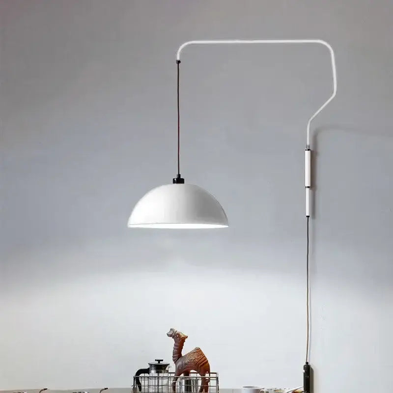 White dome adjustable pendant light with curved metal arm and black cord for kitchen decorbites pendant light