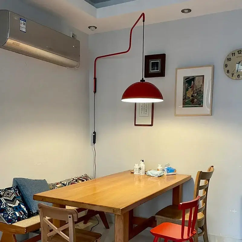 Red dome adjustable pendant light for kitchen with curved red metal arm by decorbites pendant light