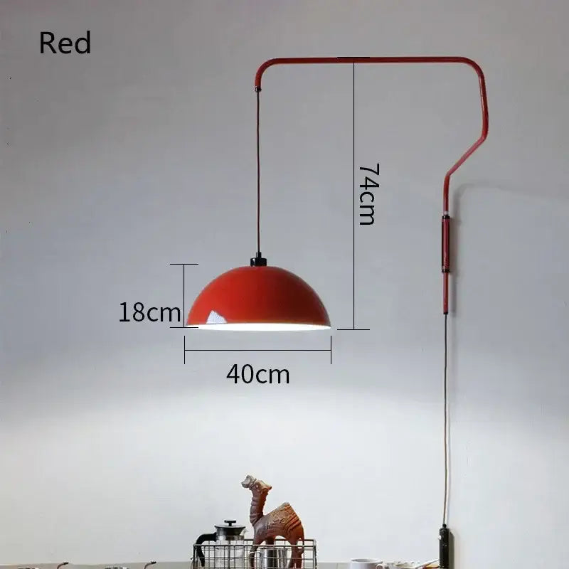 Red dome adjustable pendant light with curved metal arm and hanging cord ideal for kitchen decorbites adjustable pendant