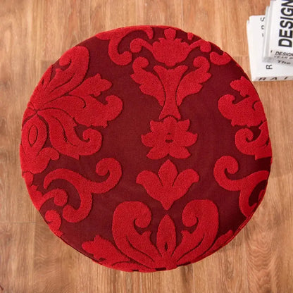 Red circular pouf chair cover with raised floral jacquard elastic bar pattern in darker red fabric decorbites jacquard elastic