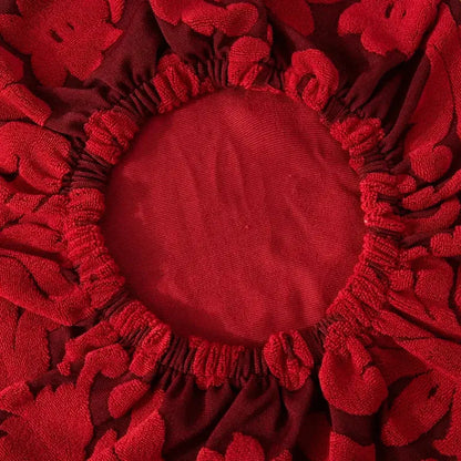 Red embroidered floral jacquard elastic bar chair cover with raised flower designs and gathered circular edge by decorbites jacquard elastic