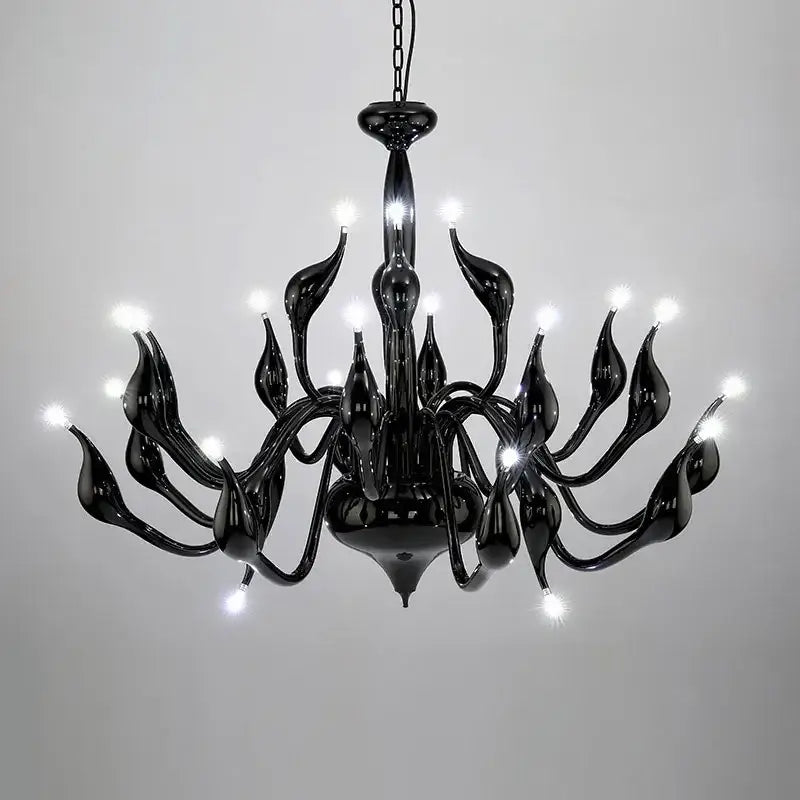 Black glass iron swan pendant lamp chandelier with elegant flame-like arms and multiple glowing lights for living room