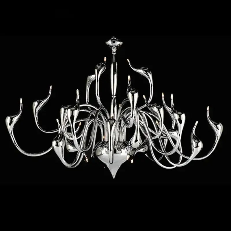 Chrome-finished iron swan pendant lamp with elegant flowing arms and central teardrop pendant for living room use