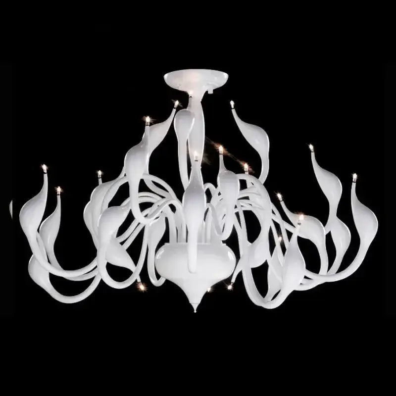 Elegant white murano glass chandelier with flowing curves and candle lights featured as a swan pendant lamp