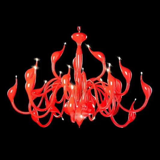Vibrant red glass iron swan pendant lamp with flowing organic arms and embedded lights for living room chandelier
