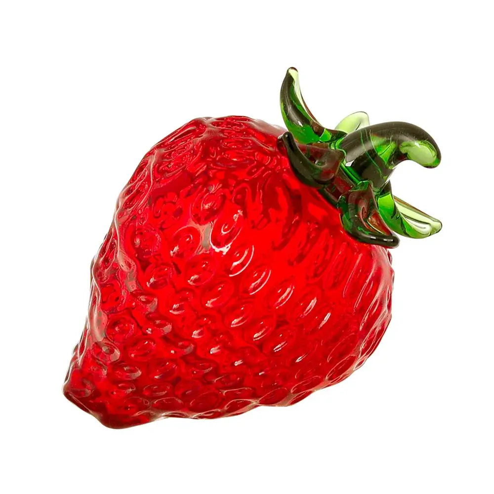 Vibrant red glass strawberry figurine with detailed green leafy stem crystal fruit ornament for kitchen decor