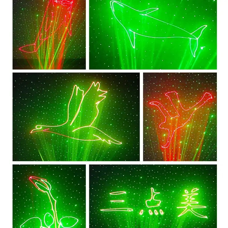 Red and green animation laser projection light showing animals and chinese characters on a starry background decorbites 3d animation