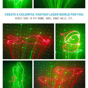 Red and green animation laser projection light casting starry night with cat santa couple and angelic hearts decorbites 3d animation