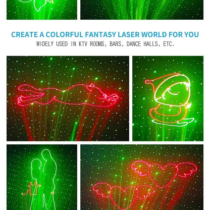 Red and green animation laser projection light casting starry night with cat santa couple and angelic hearts decorbites 3d animation