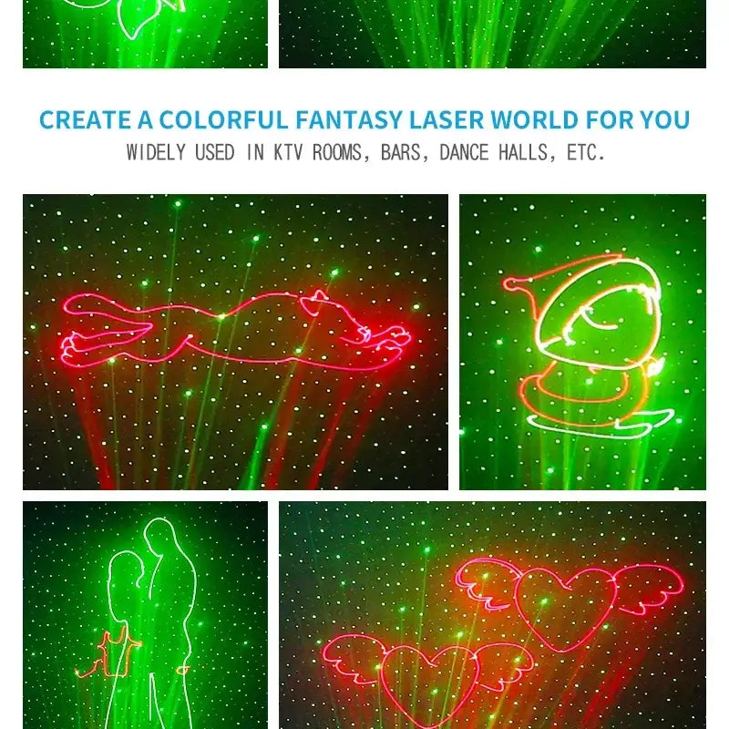 Red and green animation laser projection light casting starry night with cat santa couple and angelic hearts decorbites 3d animation