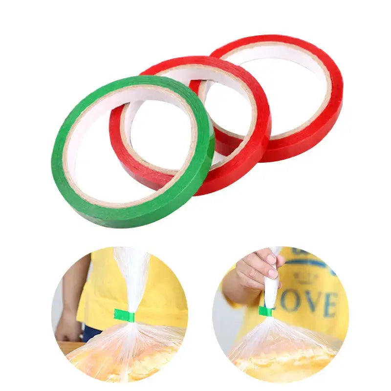 Red and green adhesive bag seal tape rolls designed for kitchen freshness sealing of plastic bags