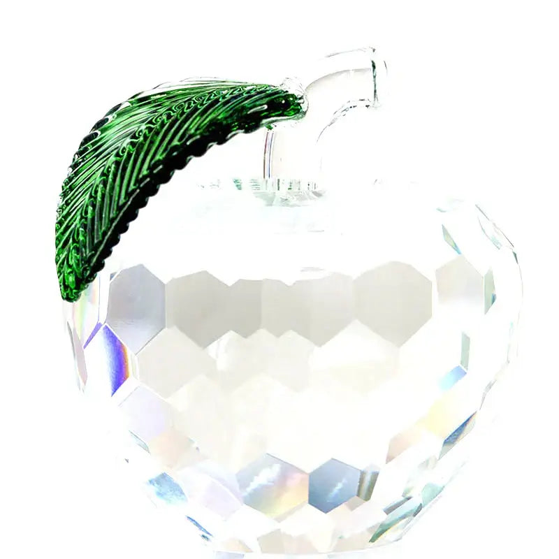 Clear crystal yellow apple figurine with faceted hexagonal pattern and vibrant green glass leaf for office decorbites 3d crystal decor