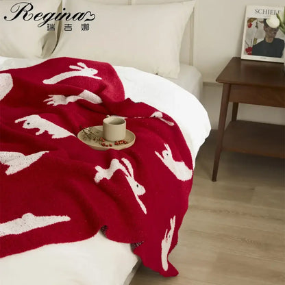 Red regina throw blanket with white embroidered rabbit patterns for decorbites lively rabbit bedroom decor