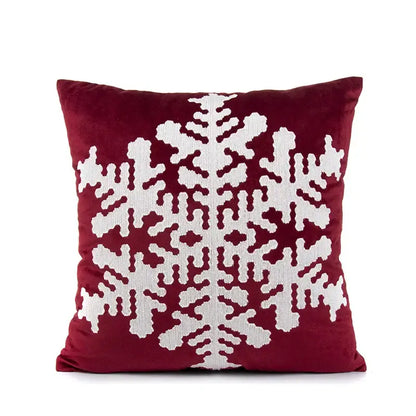 Red velvet embroidered christmas pillow cover with a large white snowflake design for living room decorbites decor