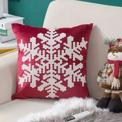 Red velvet embroidered christmas pillow cover with large white snowflake design for living room decorbites decor