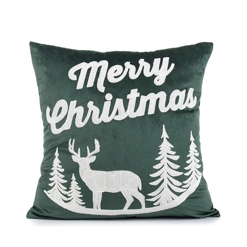 Dark green velvet embroidered christmas pillow with merry christmas text and deer design for pillow covers decorbites decor