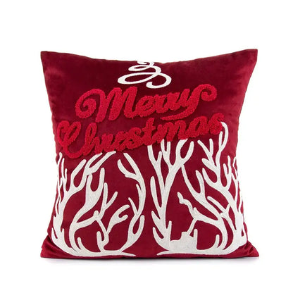 Red velvet embroidered christmas pillow cover with merry christmas text and reindeer antler decorbites pillow covers