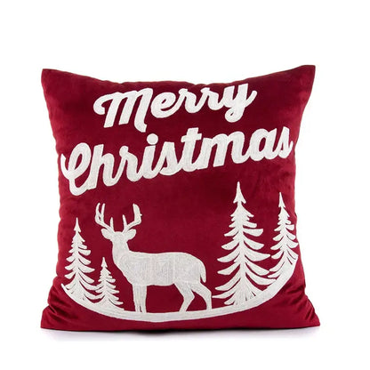 Red velvet embroidered christmas pillow cover with white merry christmas text and deer decorbites living room decor