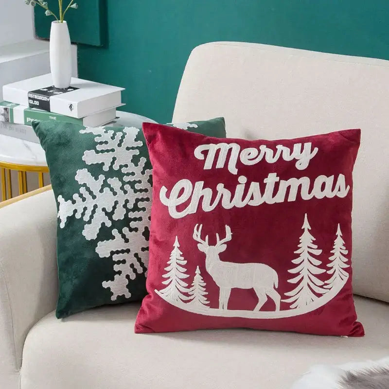 Red velvet embroidered christmas pillow cover with merry christmas text and deer pine tree design for living room decorbites decor