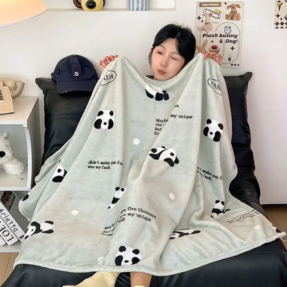 Light gray velvet printed blanket with black panda faces and white text for bedroom decor