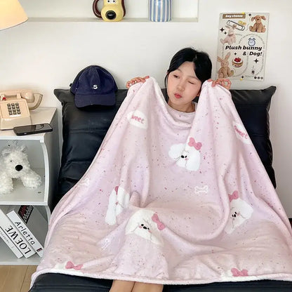 Pink velvet printed blanket with white cartoon bunnies and sweet text for bedroom decor red and white happy puppy design