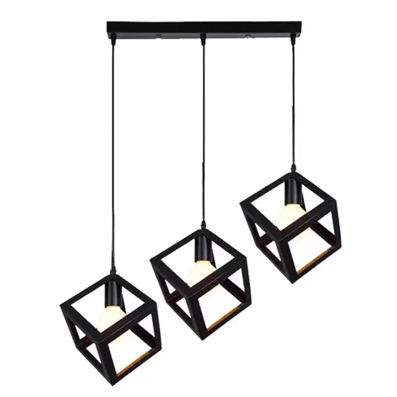 Black metal cube pendant light fixture with three geometric shades for decorbites elegant square chandelier kitchen use