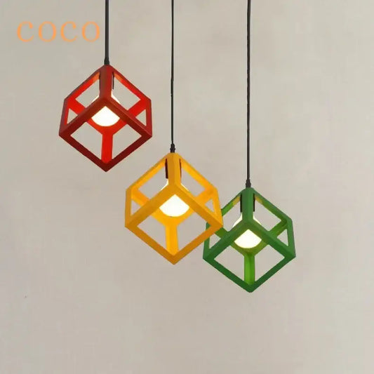 Red yellow and green decorbites elegant square pendant light with open-frame design and warm interior bulbs