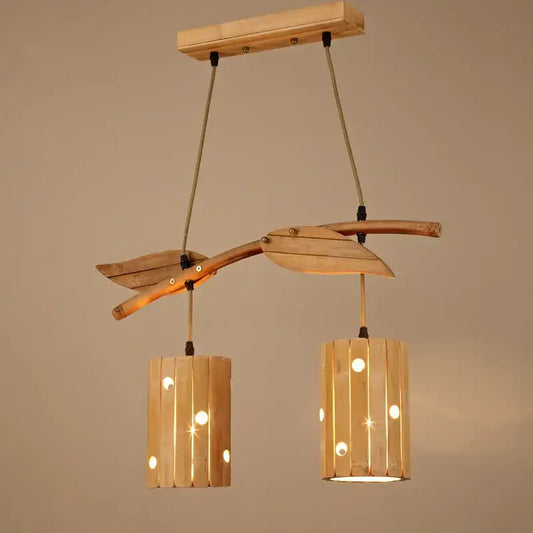 Natural wood retro bamboo art chandelier with two cylindrical slat lanterns suspended by ropes for dining room lighting