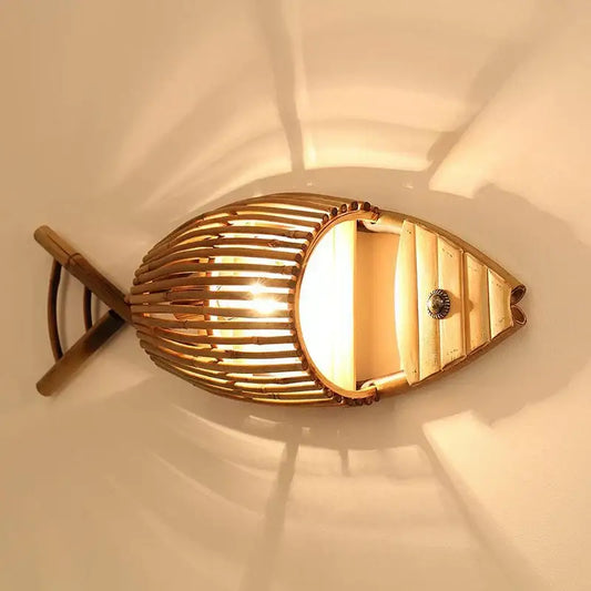 A warm-toned bamboo fish wall lamp with slatted design and decorative knob for retro living room decorbites bamboo fish