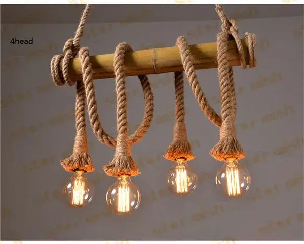 Retro bamboo hemp rope pendant lights featuring a rustic bamboo chandelier with four hanging edison bulbs decorbites bamboo hemp rope