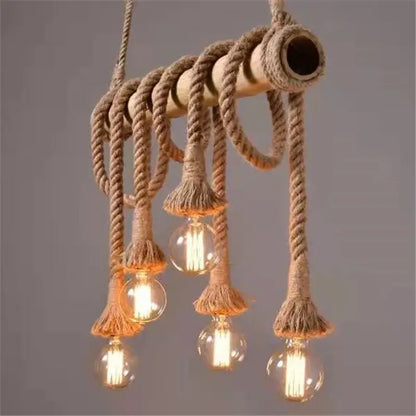 Retro bamboo hemp rope pendant lights feature a rustic rope-wrapped bamboo chandelier with five filament bulbs for dining room decorbites bamboo hemp rope design