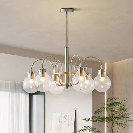 Modern retro bauhaus brass glass led chandelier with clear globe bulbs for dining room lighting
