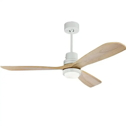 Modern ceiling fan with three light wood blades and white housing featuring integrated 15w ceiling lights for bedrooms