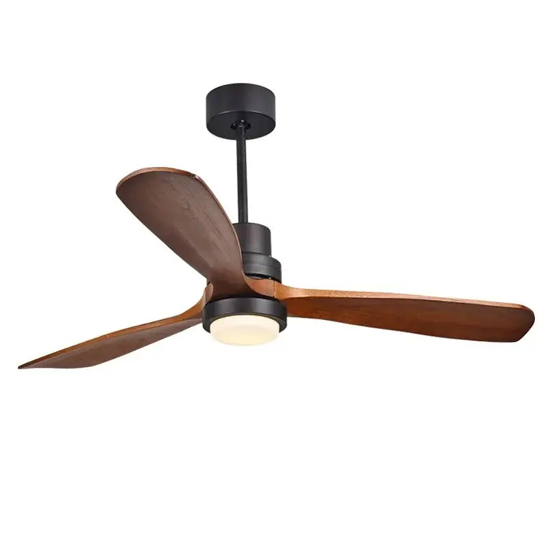 Retro ceiling fan with three dark wood blades, black metal frame, and integrated warm 15w ceiling lights for bedroom