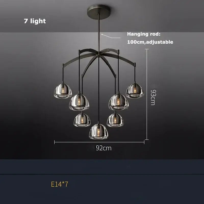 Modern black brass retro chandelier with seven clear glass globe shades and adjustable 100cm hanging rod decorbites black brass