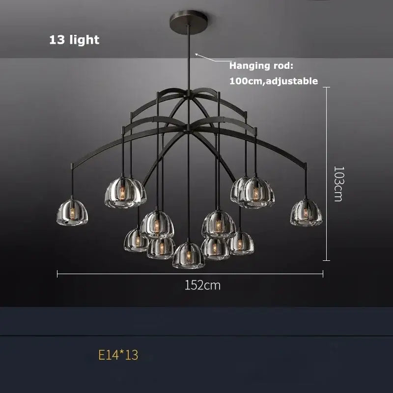 Retro black brass crystal glass pendant light dining room chandelier with 13 clear glass globes black brass retro design