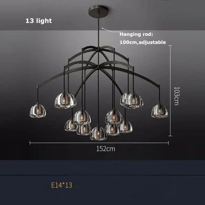 Retro black brass crystal glass pendant light dining room chandelier with 13 clear glass globes black brass retro design