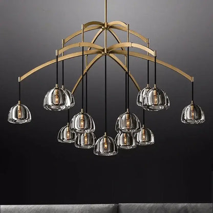 Gold-toned decorbites black brass retro chandelier with clear glass pendant shades and exposed filament bulbs for dining room decor