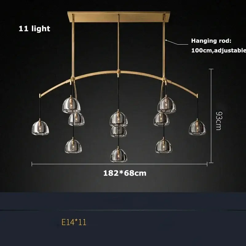 Modern brass retro crystal black brass arched chandelier with 11 clear glass globes for dining room decorbites black brass