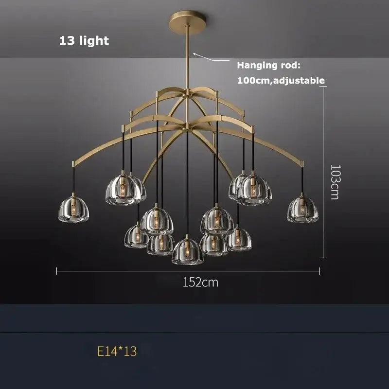 A modern decorbites black brass retro chandelier with 13 clear glass bell-shaped lights for dining room decor