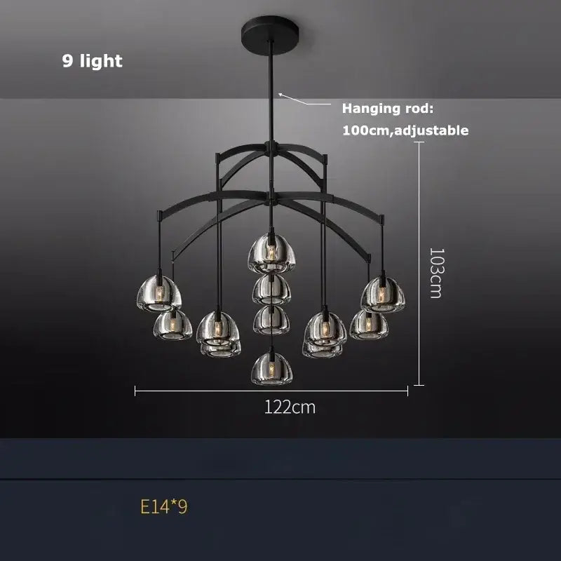 Black metal chandelier with nine clear glass globes featuring decorbites black brass retro crystal design for dining rooms