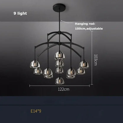 Black metal chandelier with nine clear glass globes featuring decorbites black brass retro crystal design for dining rooms