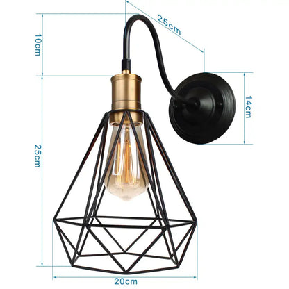 Retro black cage guard wall sconce with geometric metal cage brass base and exposed edison bulb for bedroom decorbites black cage