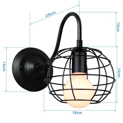 Retro black cage guard wall sconce featuring a spherical wire cage and illuminated bulb for bedroom decorbites black cage decor