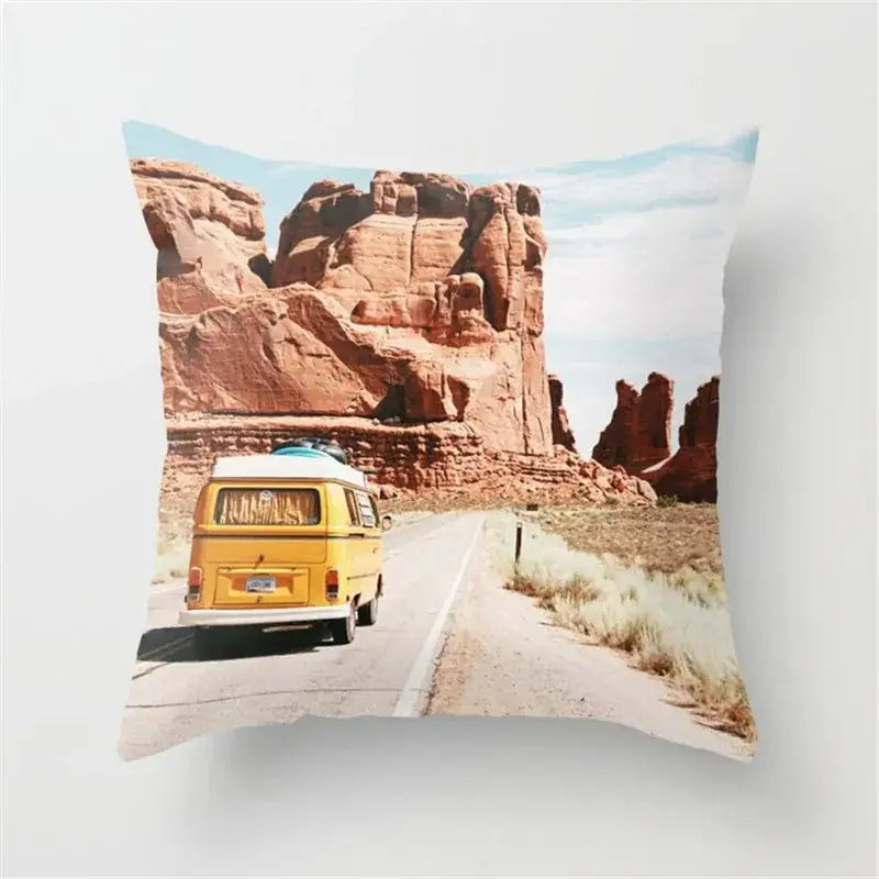 Square throw pillow cushion cover with yellow vintage van on desert road design for living room decor black camera print