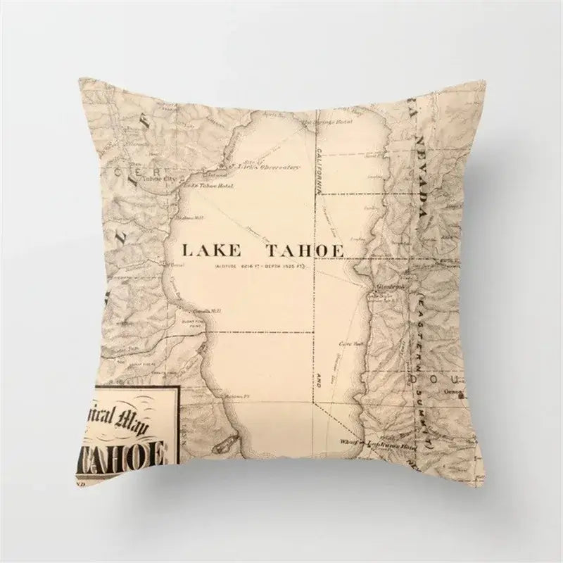 Square throw pillow with vintage sepia lake tahoe map and black text, ideal cushion cover for living room decor