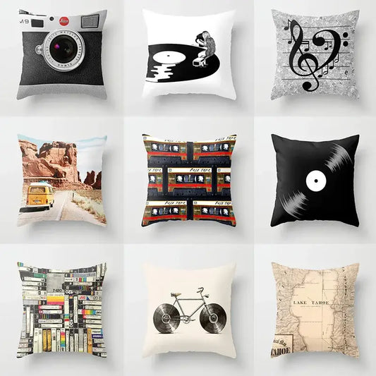 Black and white cushion cover featuring a stylized vinyl record illustration for retro black camera print decor